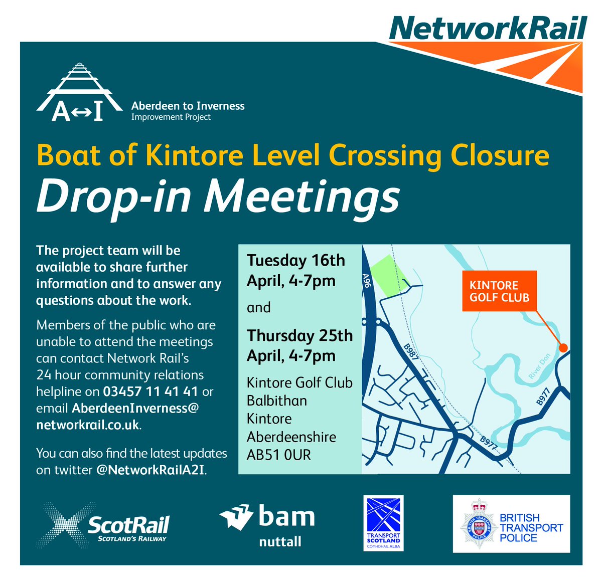 The #A2I team are holding a public meeting on Tues 16th April at #Kintore Golf Club between 4-7pm

Info will be available about the railway closure starting in May &amp; the team will be on hand to answer any questions you may have. 

Why not come along and find out more information?