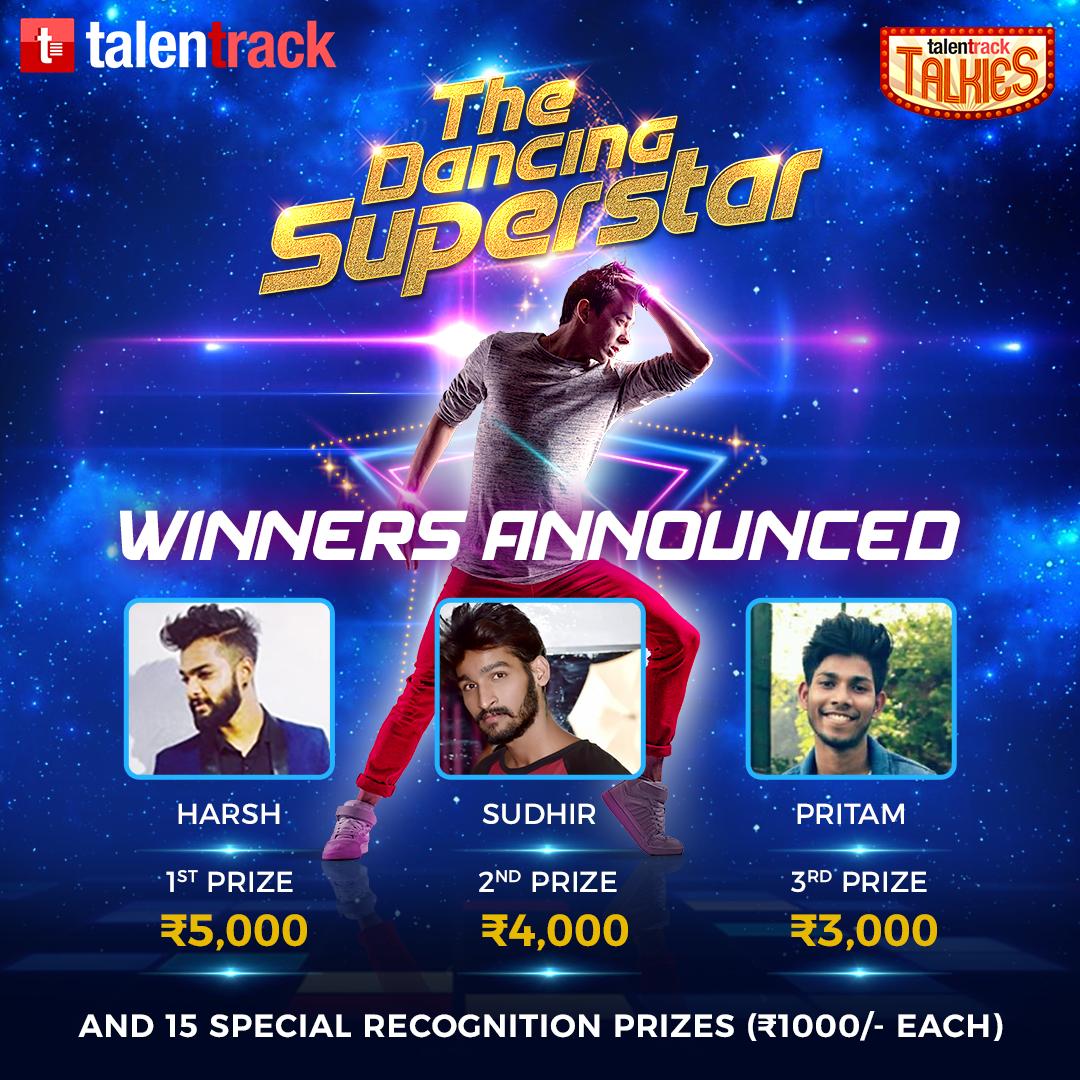 mytalentrack's tweet photo. Congratulations Harsh Bhagchandani, Sudhir Malviya & Pritam Biswas on winning Talentrack Talkies' The Dancing Superstar Contest!
Know more - https://t.co/Oio8PHLDsv
#Talentrack #TalentrackTalkies #Winners #DancingContest https://t.co/Xxf505DeAQ