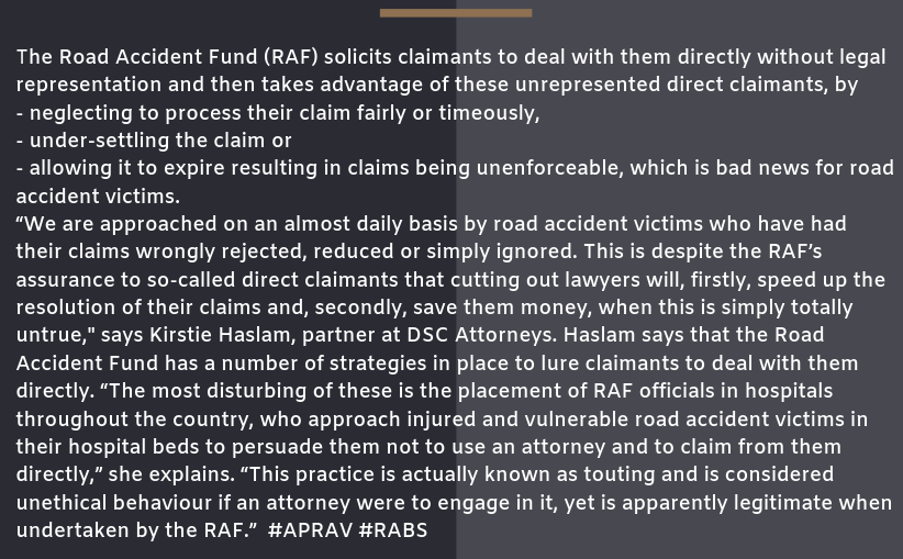 APRAVlive's tweet photo. RAF DIRECT- BAD NEWS FOR CLAIMANTS - The impact of directly claiming from the (RAF) Road Accident Fund https://t.co/5uHlOHzNpu The RAF solicits claimants to deal with them directly without legal representation and then takes advantage of these unrepresented claimants #APRAV https://t.co/icydV2Dghk