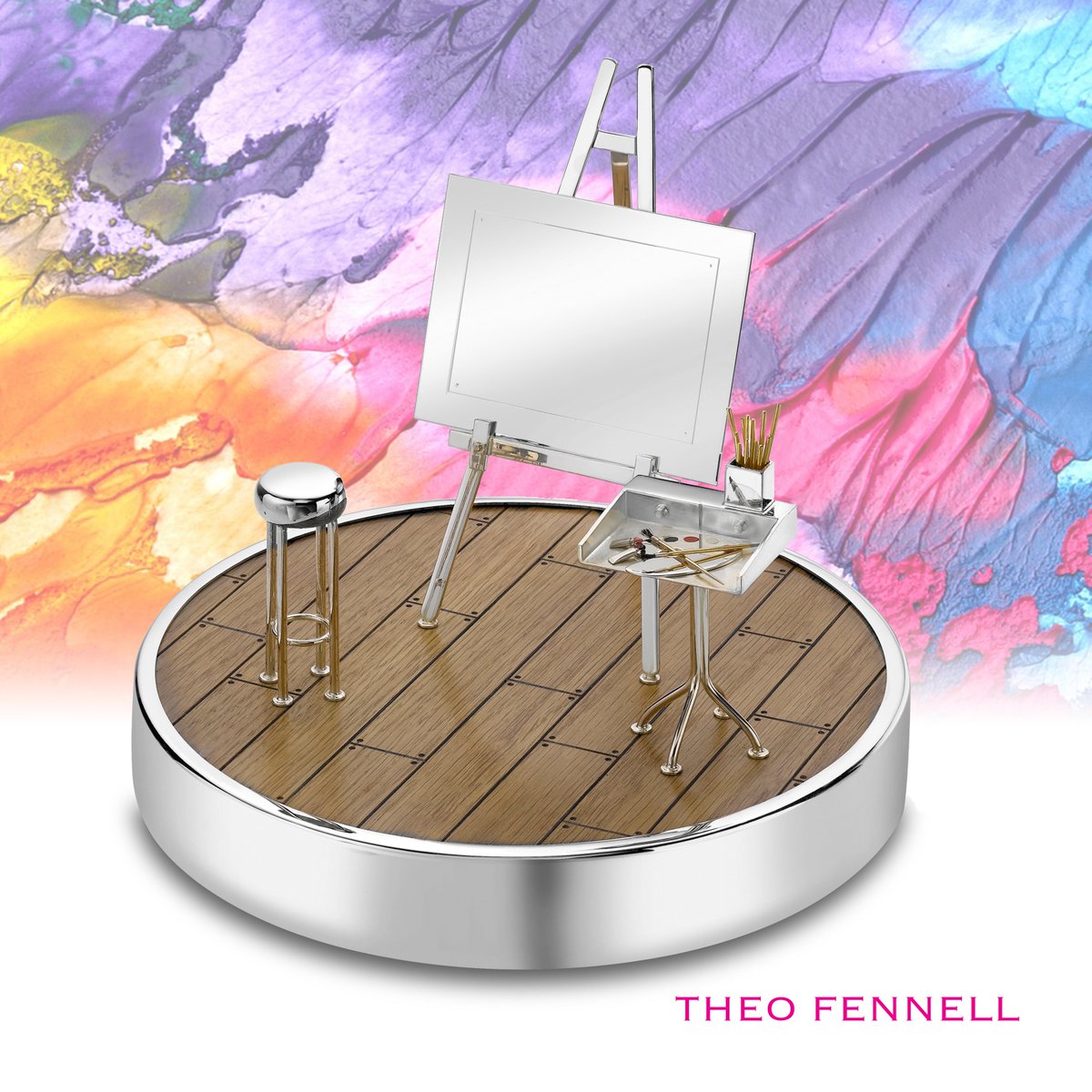 Theo_Fennell's tweet photo. A Studio Set #TheoFennell #WorldArtDay #ArtistStudio #Silverware #SterlingSilver #Easle #Stool #Paints #Brushes https://t.co/9hvwLHNu79