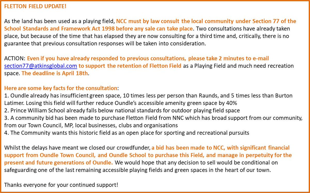 Send your email support (to section77@atkinsglobal.com) for #FlettonField to be saved by 18th April.  NCC have to consult the local community before playing fields can be sold - the consultation is being run by AtkinsGlobal.