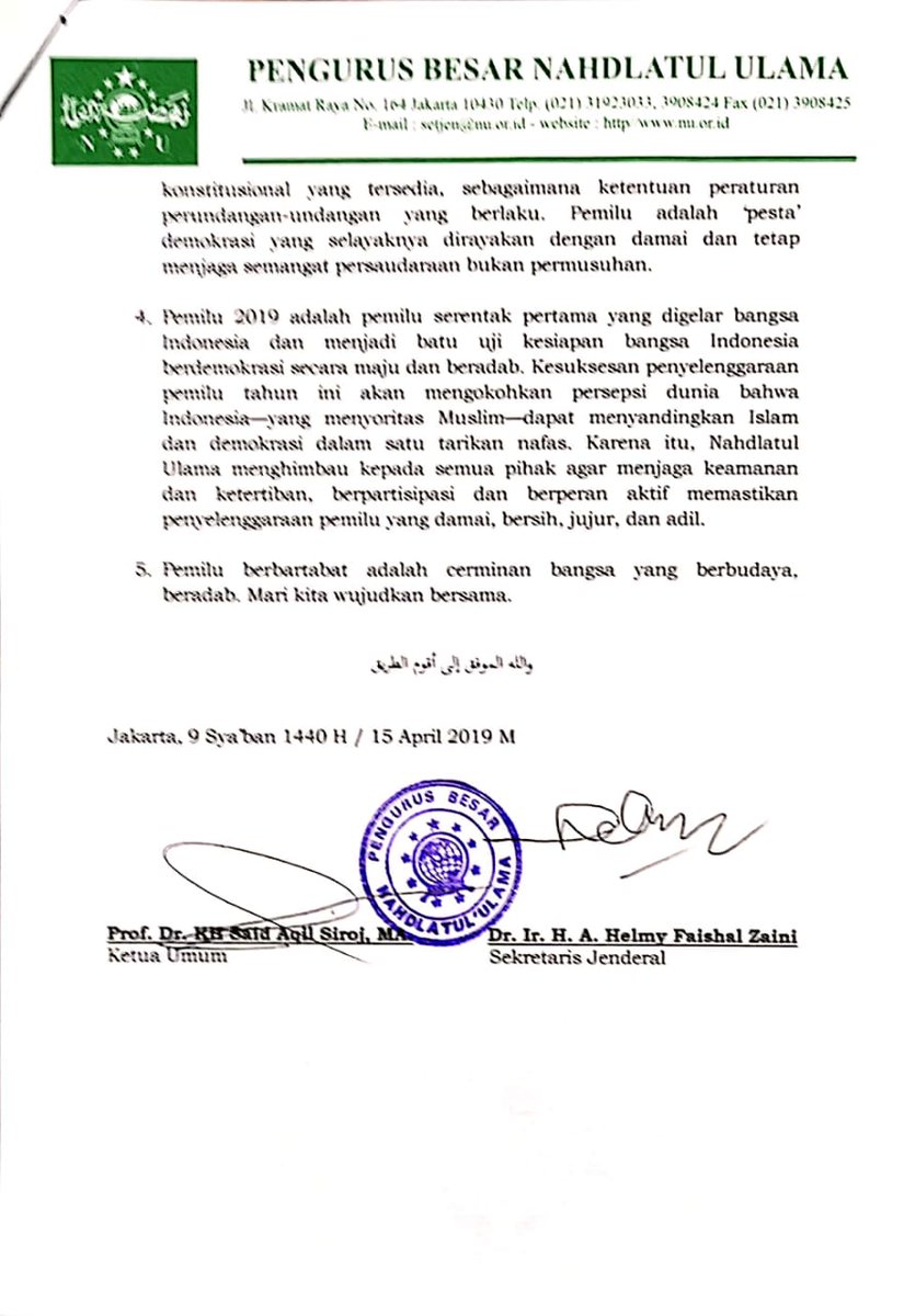 Taushiyah Kebangsaan Nahdlatul Ulama menyambut Pemilu Serentak 17 April 2019