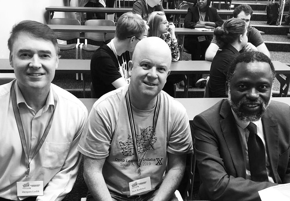 CortexLogic's tweet image. Dr Nick Bradshaw &amp;amp; @jacquesludik of @CortexLogic meets Prof @tmarwala, Deputy Chair of the Presidential Commission in 4.0 IR, at @DeepIndabaX_ZA 2019. Live Broadcast: bit.ly/IndabaXSouthAf… #IndabaXSouthAfrica #CortexLogic #ArtificialIntelligence #DeepLearning