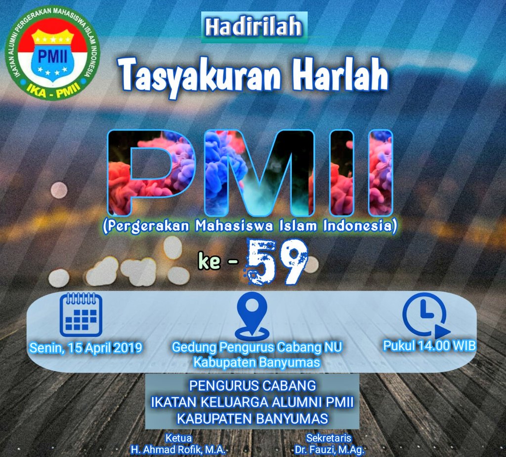 agusmuk's tweet photo. Tasyakuran Harlah Pergerakan Mahasiswa Islam Indonesia (PMII) ke- 59 di Kantor PC NU Banyumas (Senin, 15 April 2019).
#HarlahPMII59
#PMII https://t.co/P08Po8FekA