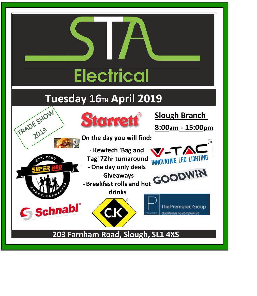 STA_electrical's tweet photo. Counting Down 1 day till the TRADE SHOW. Come down and visit at 203 Farnham Road, Slough, SL1 4XS. 
8:00am - 3:00pm

#stagroup
#tradeshow
 #slough 
#electrical
#electricians
#tradeday
#electricaltradeshow

Starrett
Super Rod
Schnabl
The Premspec Group
V-TAC https://t.co/yWQd0cUjd3