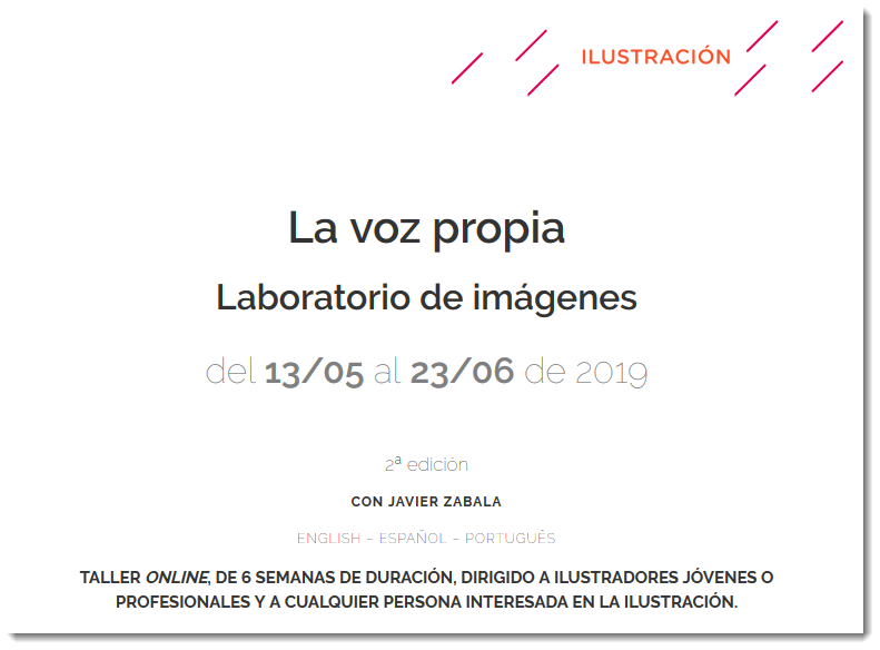 labEmilia's tweet photo. Ya está aquí la 2ª edición del #curso #online 'La voz propia. Laboratorio de imágenes', con Javier Zabala @zabalailustra.  Del 13/05 al 23/06 de 2019. ¿Te apuntas?  ➡️https://t.co/l0zjEpnMSb
#ilustracion https://t.co/A4b1GeOOvO