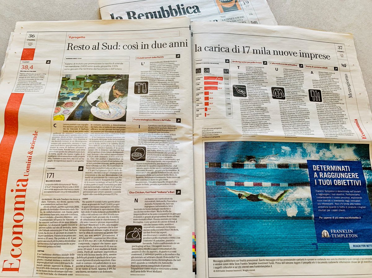 #RestoalSud, ecco le storie di chi è tornato. L'articolo di Barbara Ardù su <a href="/RepubblicaAF/">Repubblica Affari&Finanza</a> in edicola oggi. 
invitalia.it/chi-siamo/area…