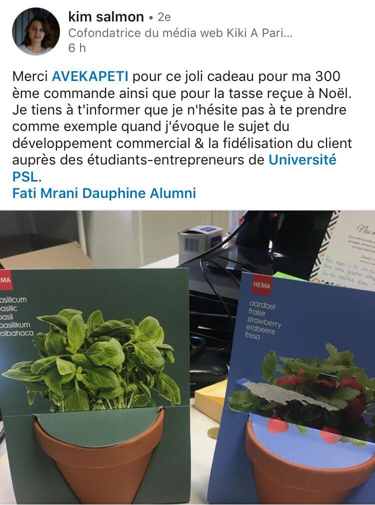 Un grand merci à Kim Salmon et à tous nos autres clients fidèles pour votre confiance ! :) Grâce à vous Avekapeti évolue de jour en jour !