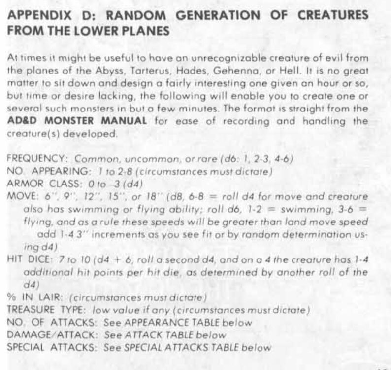 Today’s cool 1e design feature: Appendix D: RANDOM GENERATION OF CREATURES FROM THE LOWER PLANES! Endless flavor, Gygax didn’t just give you rules for play, he gave you rules to create elements in the game