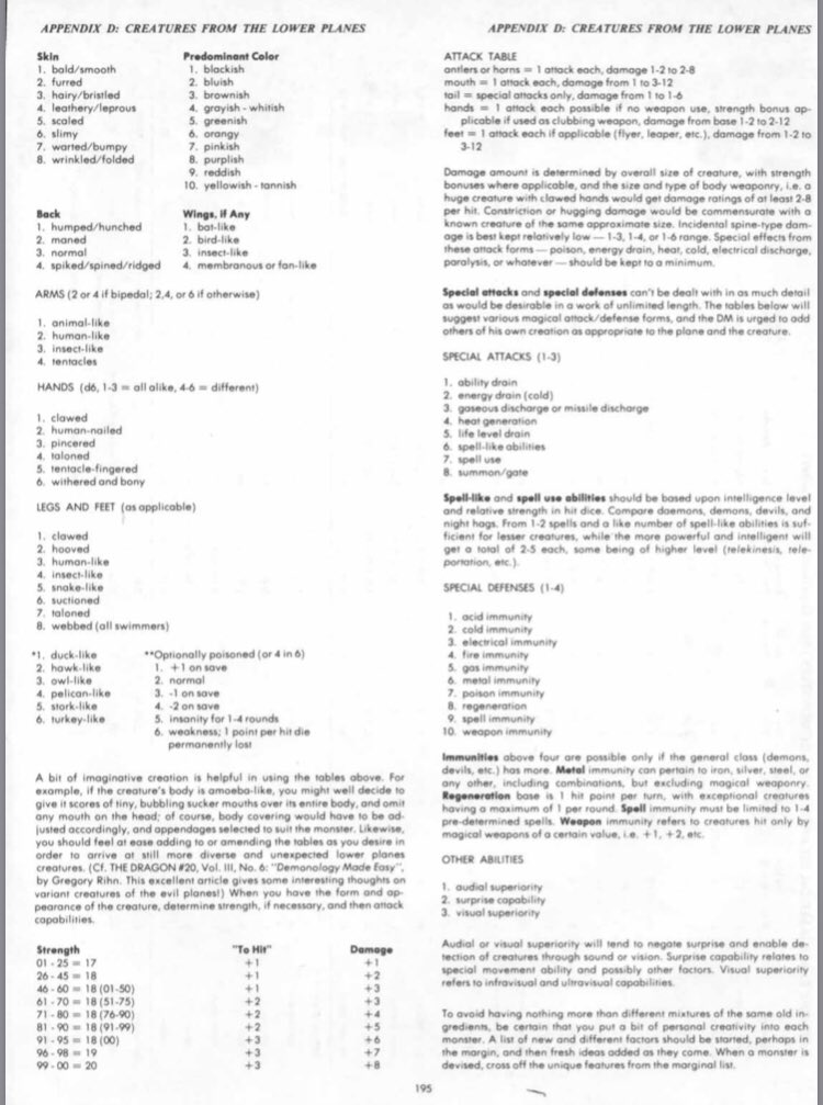 Today’s cool 1e design feature: Appendix D: RANDOM GENERATION OF CREATURES FROM THE LOWER PLANES! Endless flavor, Gygax didn’t just give you rules for play, he gave you rules to create elements in the game