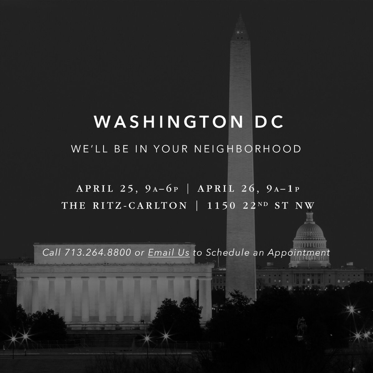 Next up: Washington DC. Join us at the <a href="/RitzCarlton/">The Ritz-Carlton</a> April 25th &amp; 26th for fittings and custom orders. Space is limited so contact our Shirt Specialists to book your appointment: bit.ly/2RCjrhI