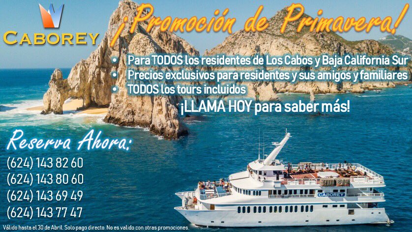 caboreytours's tweet photo. ¿Has oído hablar de nuestra promoción de primavera?  ¡Solo quedan 15 días más para aprovechar nuestro descuento para los residentes de BCS!  ¡Llame hoy o envíenos un mensaje para averiguar más! https://t.co/QHbQWZhWUn