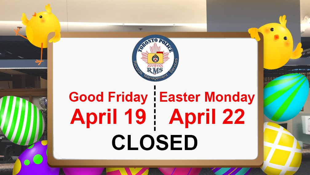 TPS_Records's tweet image. Good morning Toronto! The Records customer service counter will be closed on Good Friday (April 19th) and Easter Monday (April 22nd). The regular hours of 7:00am to 5:00pm apply until Thursday, April 18th and resume once again on Tuesday, April 23rd.
