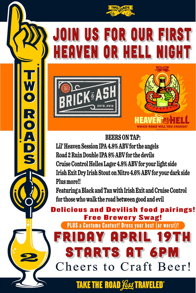 2RoadsMegh's tweet photo. Need something to get through the week? Well the @2RoadsBrewing #HeavenOrHell Night at Brick & Ash #NewburyportMA is just 2 days away! Light and dark beers, beer and food pairings, a costume contest with prizes, + live music! #GoodvsEvil #Road2Heaven #Road2Hell #humpdayhappiness https://t.co/92K7QJhH0V