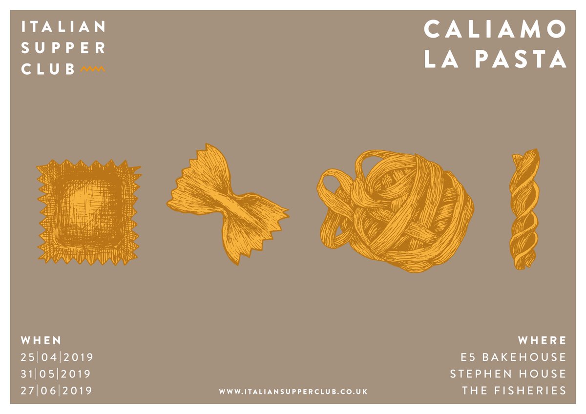 Caliamo La Pasta dinner series on 25th April, 31st May, 27th June in three great venues in our beloved Hackney. Book your tickets bit.ly/2KII9ye
