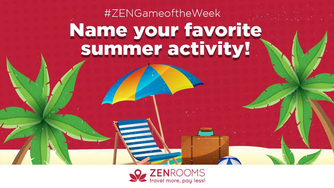 zenroomsph's tweet photo. Tell us your favorite summer activity and get the chance to win a prize from ZEN Rooms! π
Follow us, Like and Retweet with your answer! 1 lucky follower will win a gift from us! Go go go! #ZENGameoftheWeek https://t.co/cBYLjSVM6k