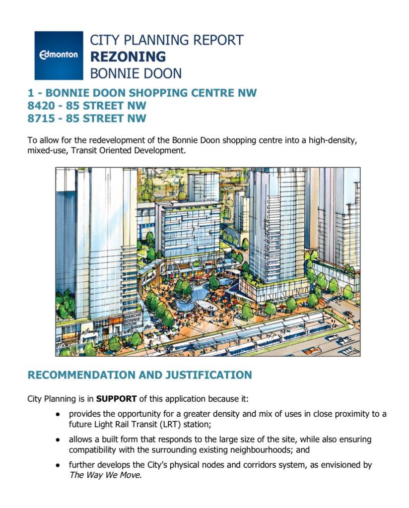 PlanEdmonton's tweet photo. Rezoning application to allow for the comprehensive redevelopment of the Bonnie Doon shopping centre into a mixed-use, high-density, Transit Oriented Development. Item 5.3. April 15 #yegcc Public Hearing. #yegplan #yeginfill https://t.co/AAu3k8zmjG