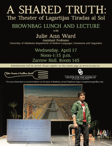Join us this Wednesday for a lunch &amp; lecture from @theJulieAWard on the theatre of <a href="/Lagartijatirada/">🇵🇸🕊️🇱🇧</a>, who will be performing this week at the Cross Black Box Theatre. Register for the lecture at bit.ly/2v7ziLK.