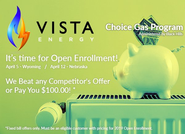 VistaEnergy's tweet photo. It’s #ChoiceGas time in #Nebraska &amp; #Wyoming! @VistaEnergy wants to be your #naturalgas supplier! We'll beat any Choice Gas competitor's offer or pay you $100! 

Learn more at  https://t.co/JRzoBifasf or call us today at (888) 211 – 4093 https://t.co/UTyCC0L0Ia