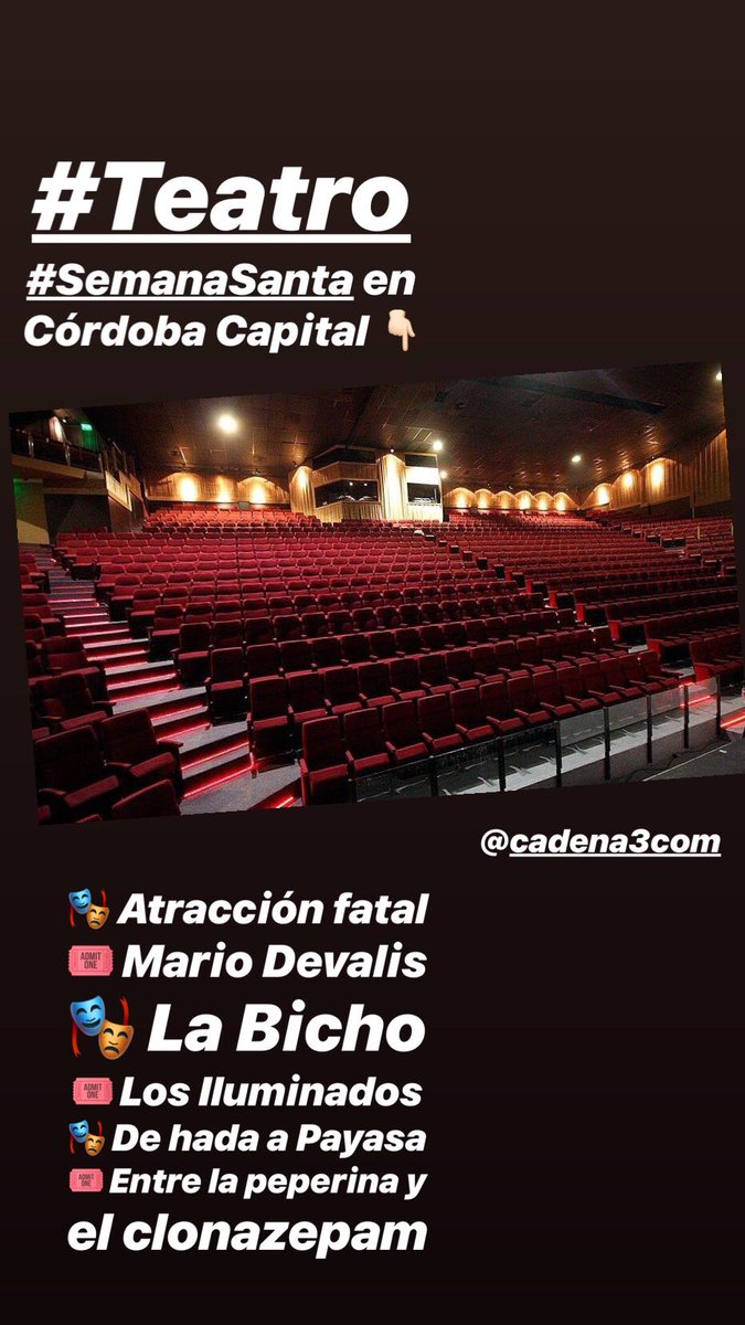 Agustinavivanco's tweet photo. #SemanaSanta en Córdoba Capital y Carlos Paz 👇🏻 @Cadena3Com hay de todo para elegir! 
T E A T R O 🎭
@flaviomendoza @fatimaflorez @taricoariel @MidachiOficial @AdrianGomezUmor @MenopausiaShow @lopyman @pumagoiti @SeInfielok @Mariodevalis @Atraccionok @ioLaBicho https://t.co/lAZlnYZczY