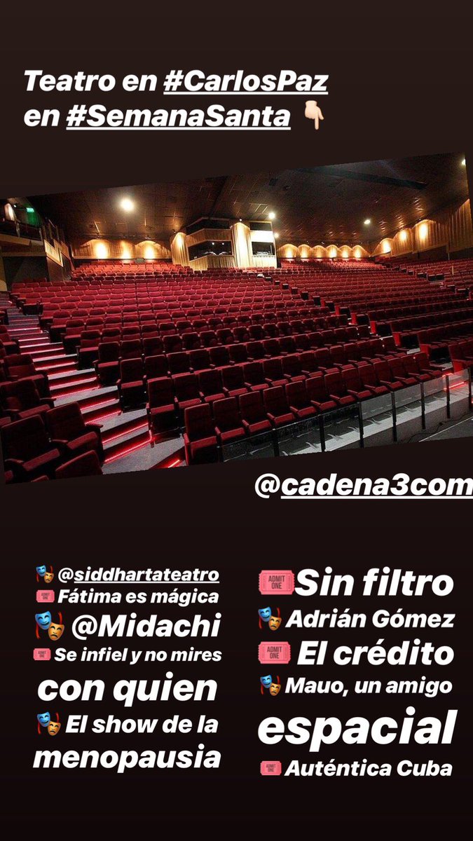 Agustinavivanco's tweet photo. #SemanaSanta en Córdoba Capital y Carlos Paz 👇🏻 @Cadena3Com hay de todo para elegir! 
T E A T R O 🎭
@flaviomendoza @fatimaflorez @taricoariel @MidachiOficial @AdrianGomezUmor @MenopausiaShow @lopyman @pumagoiti @SeInfielok @Mariodevalis @Atraccionok @ioLaBicho https://t.co/lAZlnYZczY
