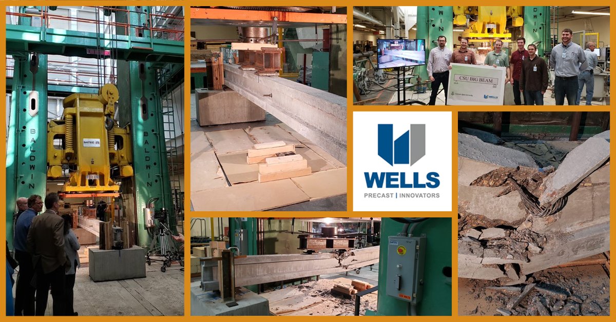 WellsConcrete's tweet photo. The next stage in the CSU Big Beam contest: testing the strength of the beam! Each beam was tested to failure at the Bureau of Reclamation in Colorado, and the teams all did great. Congrats to everyone involved. #wellseducates #wellsevents https://t.co/wnIpDHEi5s