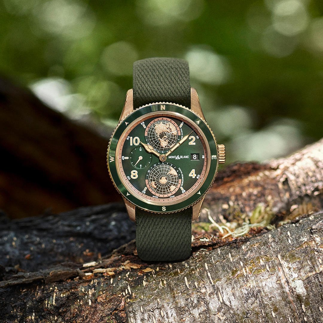 montblanc_world's tweet photo. The #1858 Geosphere with bi-directional bronze bezel and green ceramic ring with engraved #compass indication - keeping you on the right track so your mind can wander in #nature freely. #Reconnect1858 https://t.co/epCMxJ8wid https://t.co/Imd6iuiJHq
