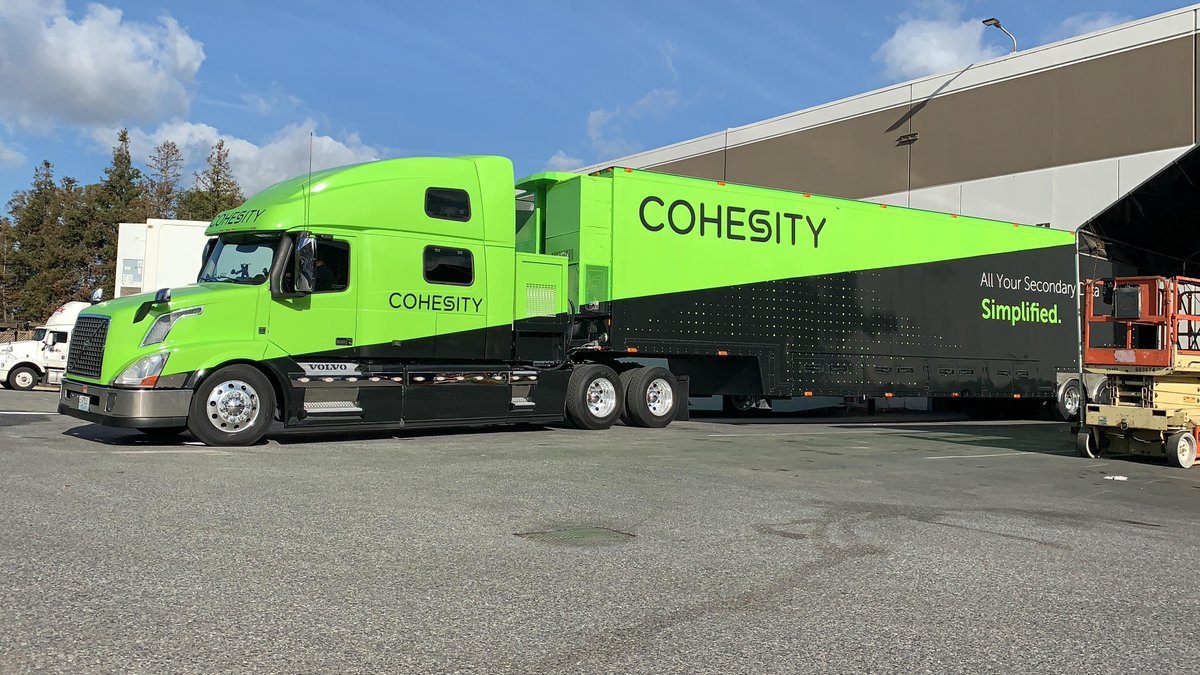 Cohesity's tweet photo. Don't miss #CohesityOnWheels driving thru your city! Check out our new 18-wheeler semi truck, loaded with over 20 demos! https://t.co/XaFFxnmXhv https://t.co/XTZ0o1QyuY