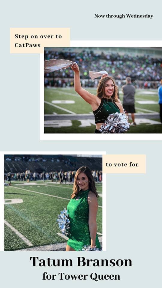 BearcatSteppers's tweet photo. Vote for Stepper alum, @TatOBran for Tower Queen! Today-Wednesday! 💚 https://t.co/rnq6yyhF0Y
