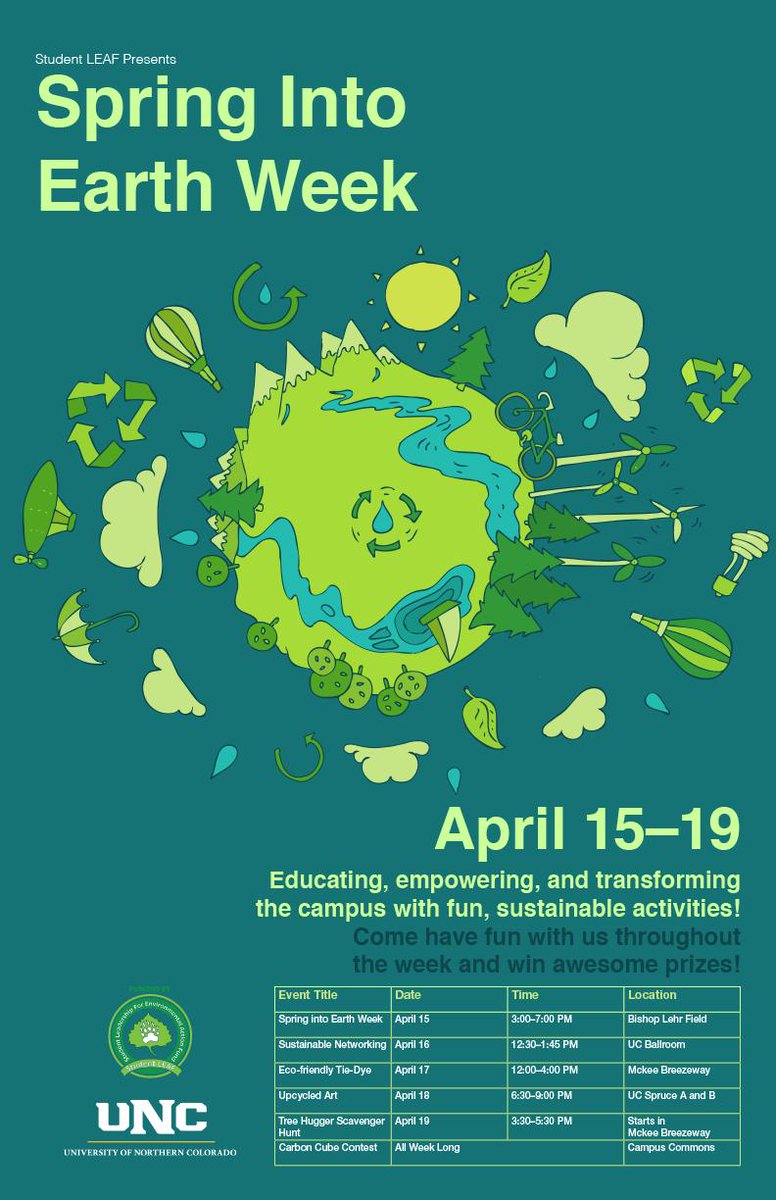 UNC_Colorado's tweet image. Happy Earth Week, #UNCBears! Check out these fun, sustainable events happening this week around campus! ♻️🌱🌎🌞 @StudentLEAF @UNCOBears #UNCBears #UNCSustainableBears #Greeley #EarthDay #Sustainability