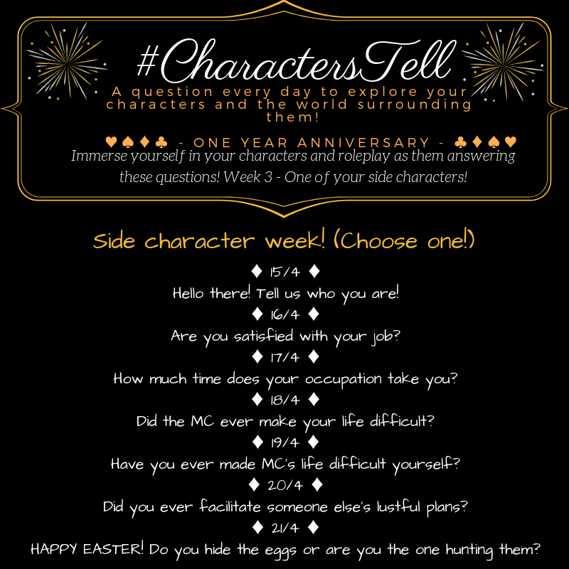 characterstell's tweet image. AAAH! #CharactersTell #peeps, I'm so sorry! A cold is clouding my head! But I haven't forgot about you, nor about the #SideCharacters ! So here's the #card (awfully late, I know) with all the #questions for them! Let us know about your supporting #cast!