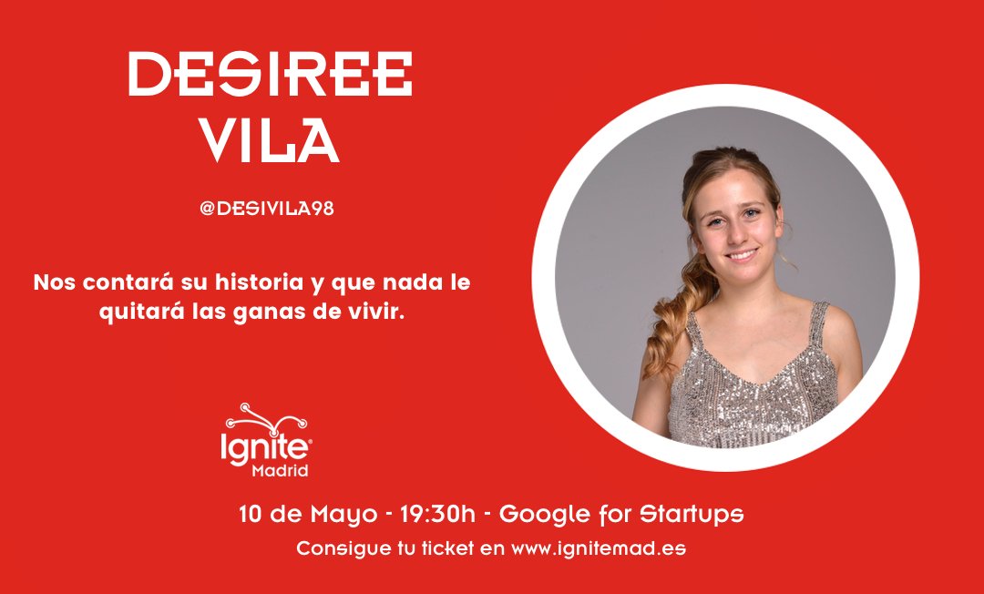 IgniteMAD's tweet image. El 10 de Mayo en #IgniteMAD8 tendremos a @desivila98 que es deportista profesional y nos contará su historia y que nada le quitará las ganas de vivir. ¡Pilla tu ticket! ignitemad.es