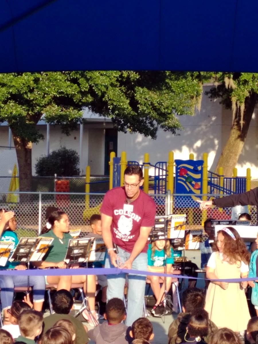 ColsonES's tweet photo. @ColsonES Covered Court ribbon cutting ceremony! Thanks to PTAs over the years and all who helped make this possible. Result: In the Sunshine State, we now have needed shade w temps 10 degrees cooler for our students. #ColsonES #ColsonPride #CoveredCourt https://t.co/hiejNyaUFD