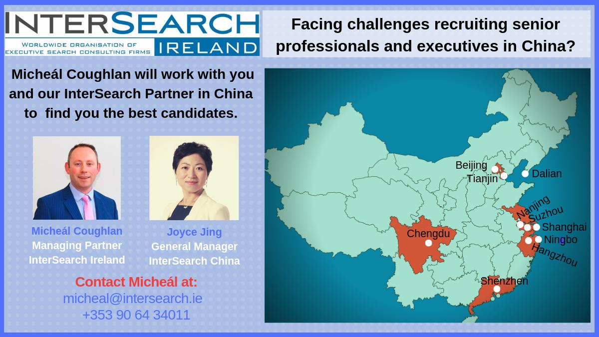 InterSearchIE's tweet photo. Our InterSearch Partner in #China operates across 10 offices. Micheál Coughlan would be delighted to introduce you to Joyce Jing, General Manager and work with you to find top #leadership talent for your organisation.
#internationalrecruitment @EI @entirl_china ,@zwhrconsulting https://t.co/1LbAN108Yc
