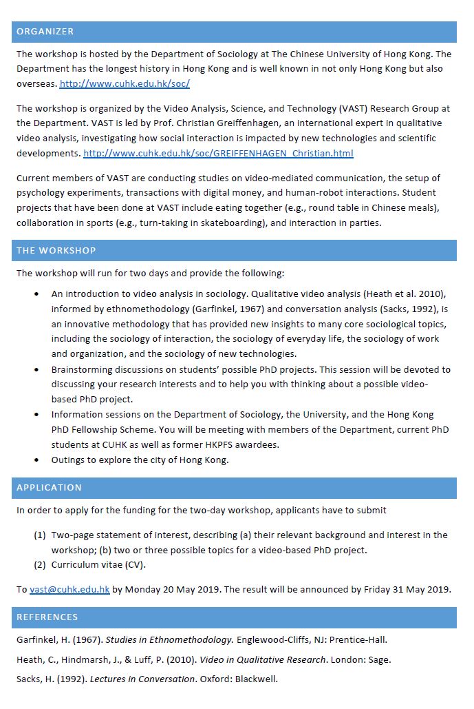 VAST_research's tweet photo. Thinking of doing a PhD in Hong Kong? Wanting to conduct a video-based study for PhD?  Come to join us "Video Analysis in Sociology: A Two-Day Introductory Workshop for Students Interested in Doing a PhD in Hong Kong", to explore possible PhD projects, and discover the city. https://t.co/yeBtepGEel