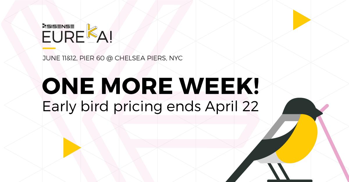 Sisense's tweet image. Ask for a Eureka! early bird pricing extension and you shall receive. Register by April 22 to save big AND be entered to meet The Woz. Time’s a-tickin’. ⏲️
bit.ly/2Ix5U9H

#SisenseEureka #DataEvents #BigDataEvents #CustomerEvent #ClientEvent