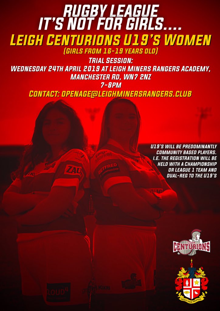 Want to be part of our brand new Leigh Centurions U19s Womens Squad?
If you're aged between 16 &amp; 19 and interested then turn up to our Trial Session on Weds 24th April 7-8pm
A partnership to bridge the gap between the Girls &amp; Womens Game.
Any questions get in-touch!
#community