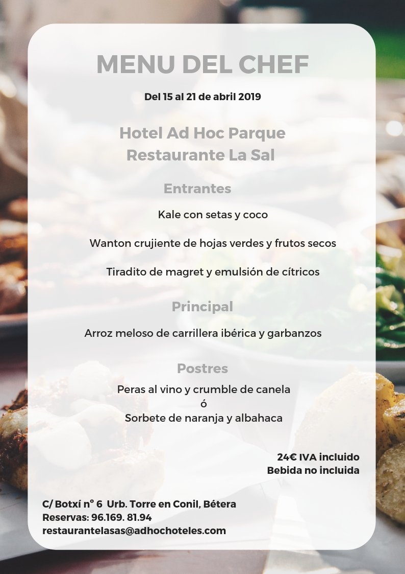 AdHocParque's tweet photo. Aquí os dejamos nuestro menú del chef y menú vegano de la semana del 15 al 21 de abril en nuestro restaurante La Sal
#restaurantesvalencia #restaurantelasal #hotelesvalencia #adhocparque #adhochoteles #veganfood #veggie #betera #torreenconill #laeliana #mascamarena https://t.co/eX3pvZbk6K