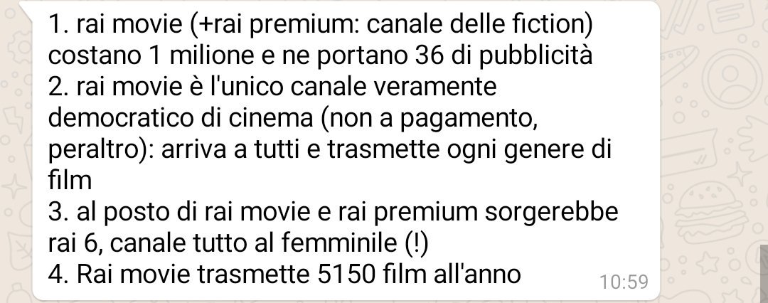 Stamattina ho chiesto ad una persona, a cui voglio molto bene, di spiegarmi la situazione #Raimovie.
Lei mi ha mandato questo messaggio, e non credo ci sia bisogno di aggiungere altro.
Non ha alcun senso chiudere <a href="/raimovie/">Rai Movie</a>.
Usiamo la testa per favore.
Ogni tanto.
Grazie.
