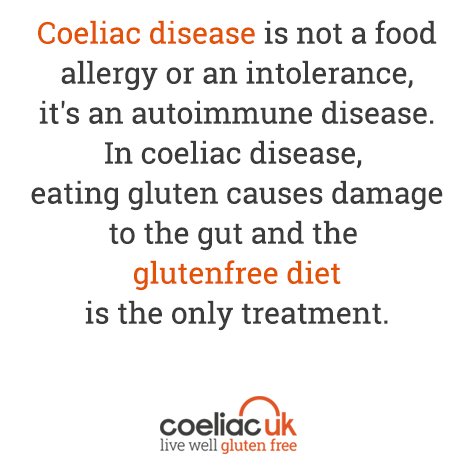 #Coeliac disease is not a food allergy or an intolerance, it's an autoimmune disease and affects 1 in 100 people in the UK. In coeliac disease, eating gluten causes damage to the gut and the #glutenfree diet is the only treatment. Please retweet to raise awareness! #mythbusted