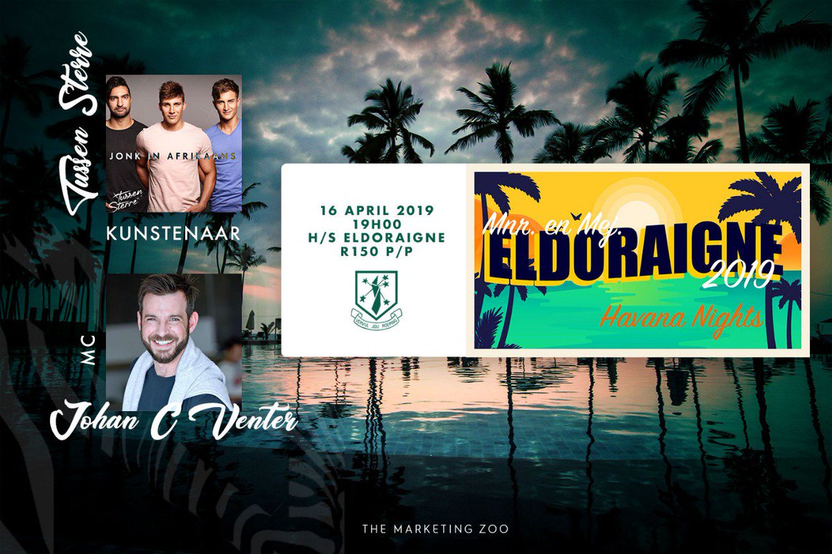 Moreaand kuier ons in Centurion met <a href="/HS_Eldoraigne/">Hoërskool Eldoraigne</a> se Havana Nights. Mnr en Mej Elodraigne soos net hulle dit kan doen! <a href="/TussenSterre/">TussenSterre</a> bring die musiek en @JohanCVenter is jou MC. Kaartjies is slegs R150. Hoop ons sien jou daar! 

<a href="/StageAliveSA/">StageAliveSA</a>