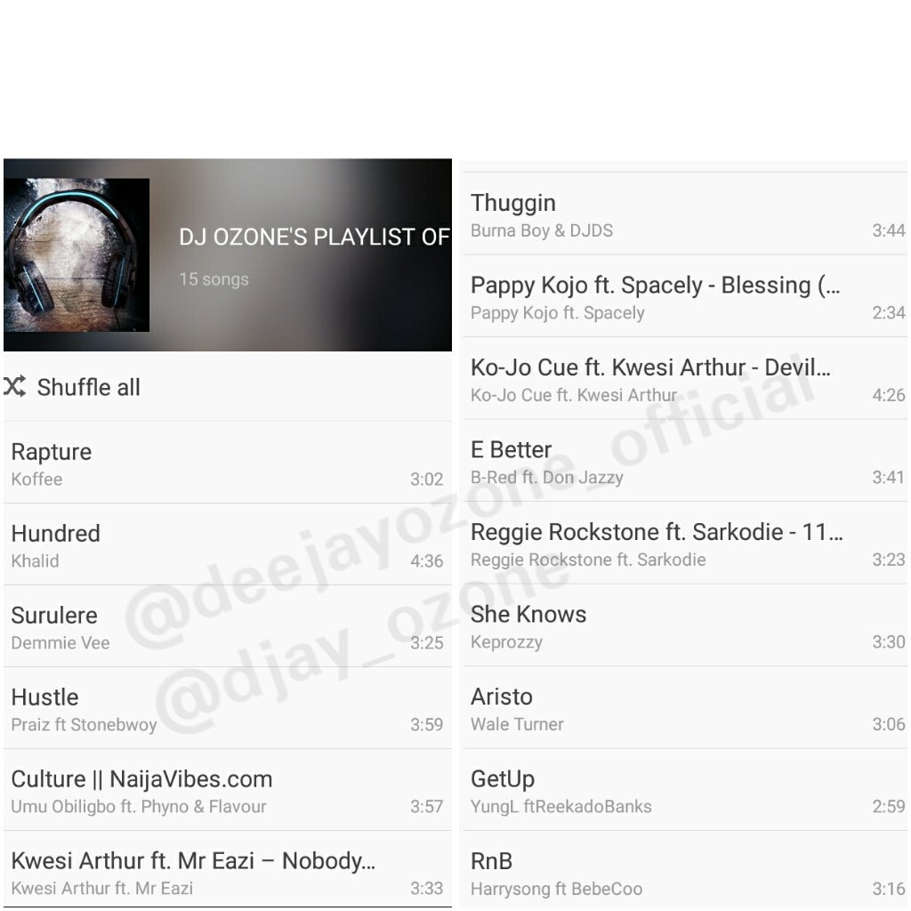 deejay_ozone's tweet photo. TOP PLAYLIST OF THE WEEK @originalkoffee @thegreatkhalid @demmie_v @Praiz8 @KwesiArthur_ @burnaboy @PAPPYKOJO @b_redhkn @ReggieRockstone https://t.co/ogEWCP8pnY