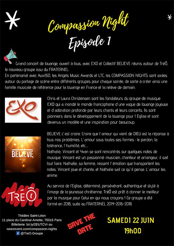 Auxi150's tweet photo. Pour bien finir l’année, un grand concert de Louange avec EXO, COLLECTIF BELIEVE, TRÉÔ. Samedi 25/06/2919 au théâtre st Léon à Paris https://t.co/jWrwDfWMAY avec @AwardsParis @dioceseparis @LTCasaph 
#SaveTheDate #auxi150 https://t.co/j17VfvGbON
