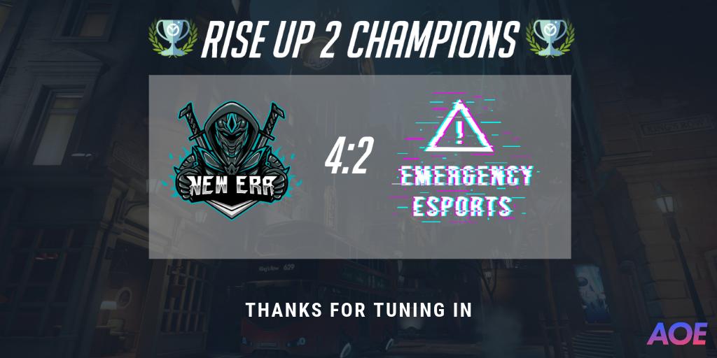 And that's a wrap! New Era are the champions of Rise Up Season 2, taking a close 4-2 against Emergency Esports. Thanks for tuning in! #aoesports