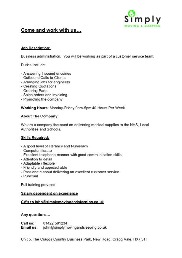 Do you want to be part of an expanding team here at Simply Moving and Sleeping. Please see attached an opportunity that has arisen. If you are interested or know of anyone that may be, please DM us or get in touch via telephone number: 01422 581234