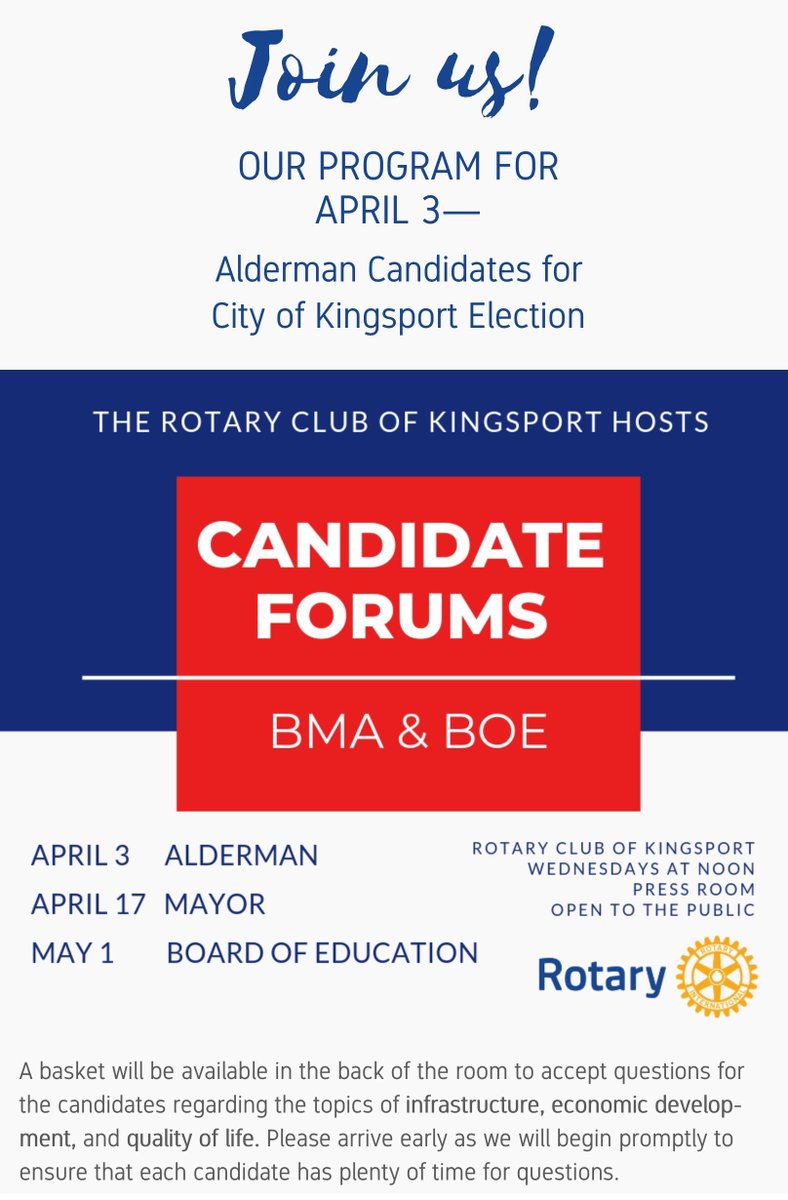 Heads up Rotarians! With the City Elections coming up in May come in and check out the Mayoral candidates! See you Wednesday 😊
