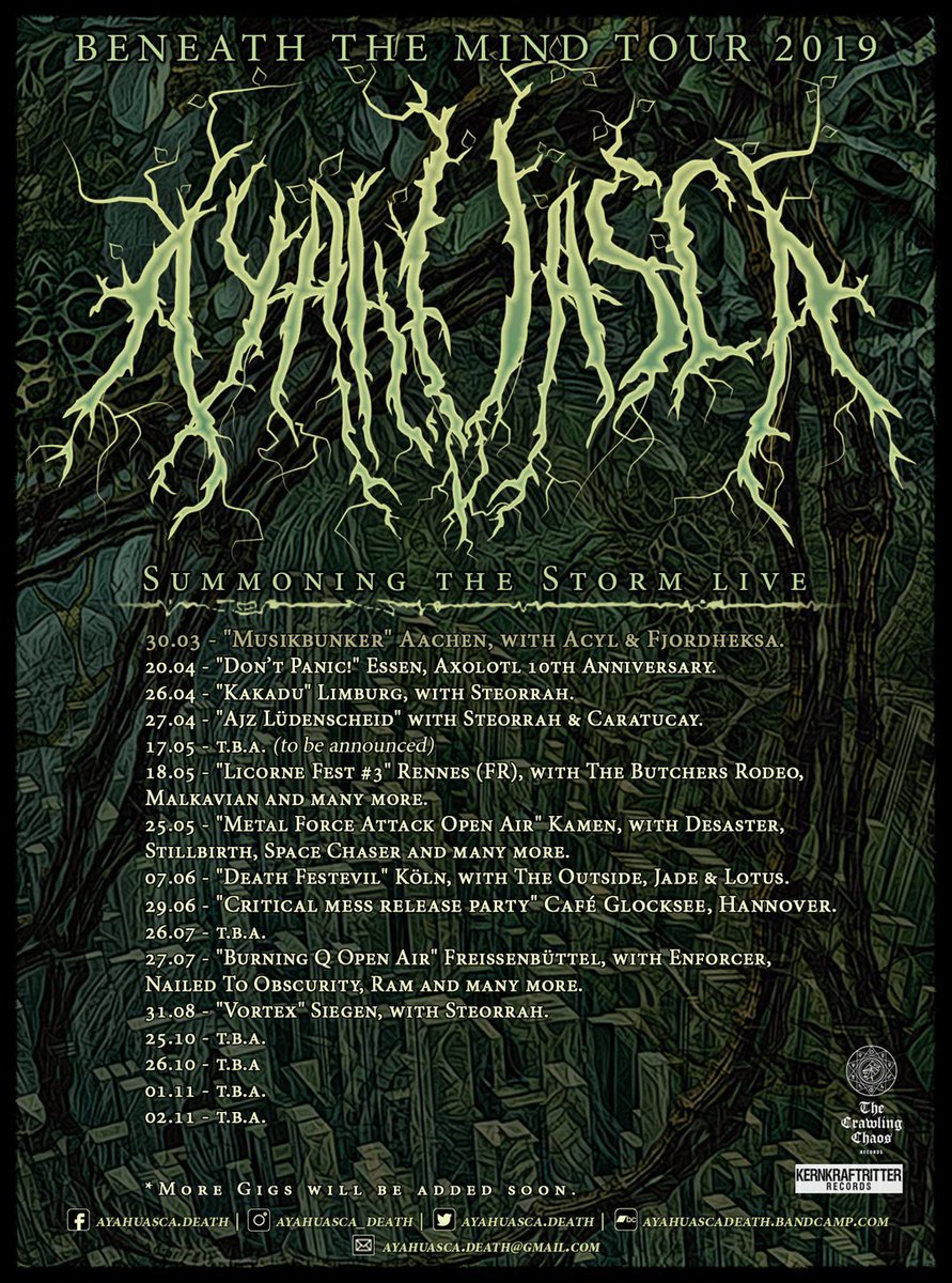 AyahuascaDeath's tweet photo. The Ayahuasca Tour “Beneath the Mind 2019” has already started, come and join the ritual, AHU!

#ayahuasca_death #ayahuasca_ger #deathmetal #experimentalmusic #ProgDeath #music #metal #newalbum #tour2019 

Upcoming dates: https://t.co/A5OCxHEBiA