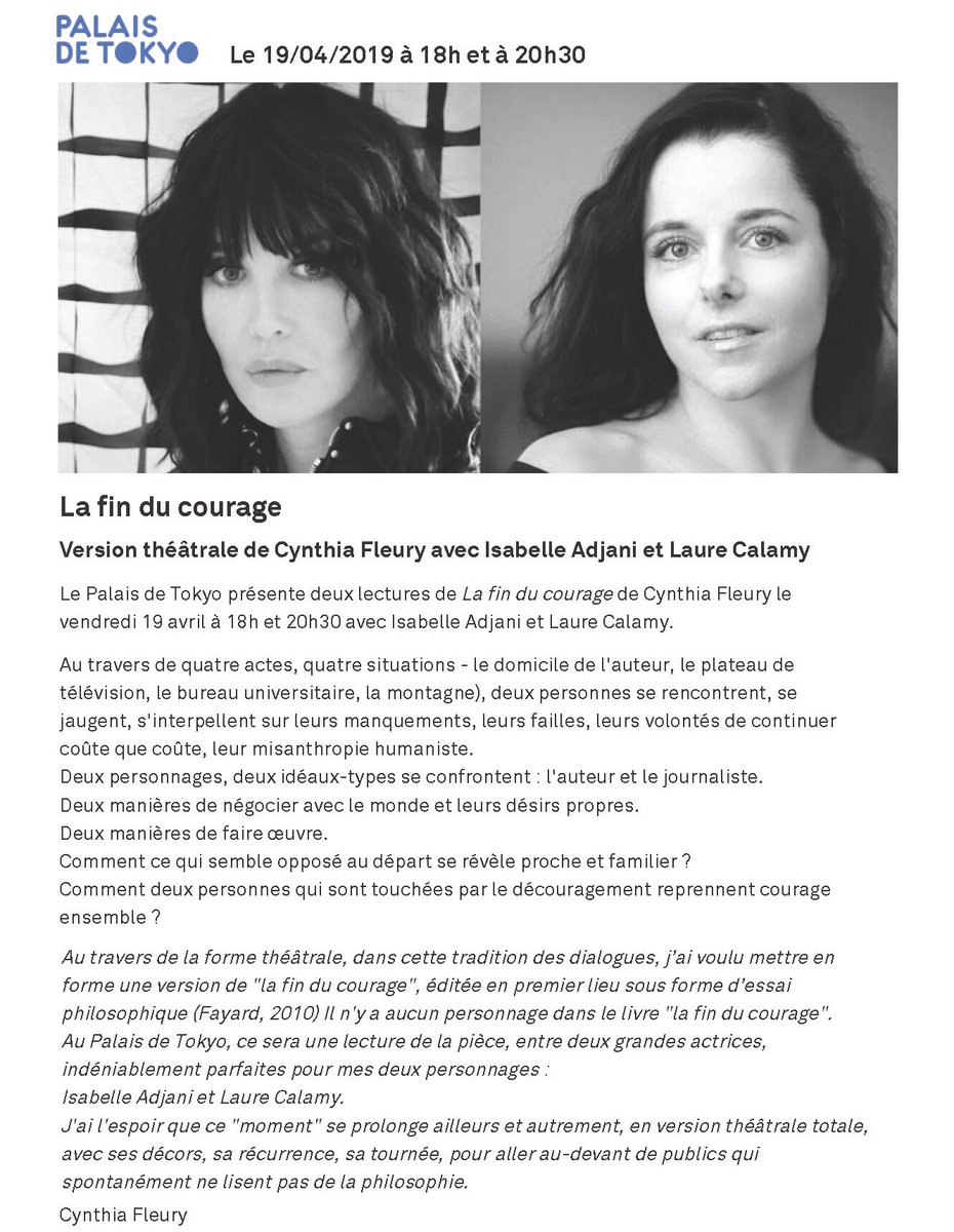 adjani_official's tweet photo. Lecture avec Laure Calamy de La fin du courage de Cynthia Fleury , le 19 avril à 18h et à 20h30 au @PalaisdeTokyo ✨ #lecture #lafinducourage #cynthiafleury #laurecalamy #nicolasmaury #valeriesix #palaisdetokyo https://t.co/50BIVCLsFZ