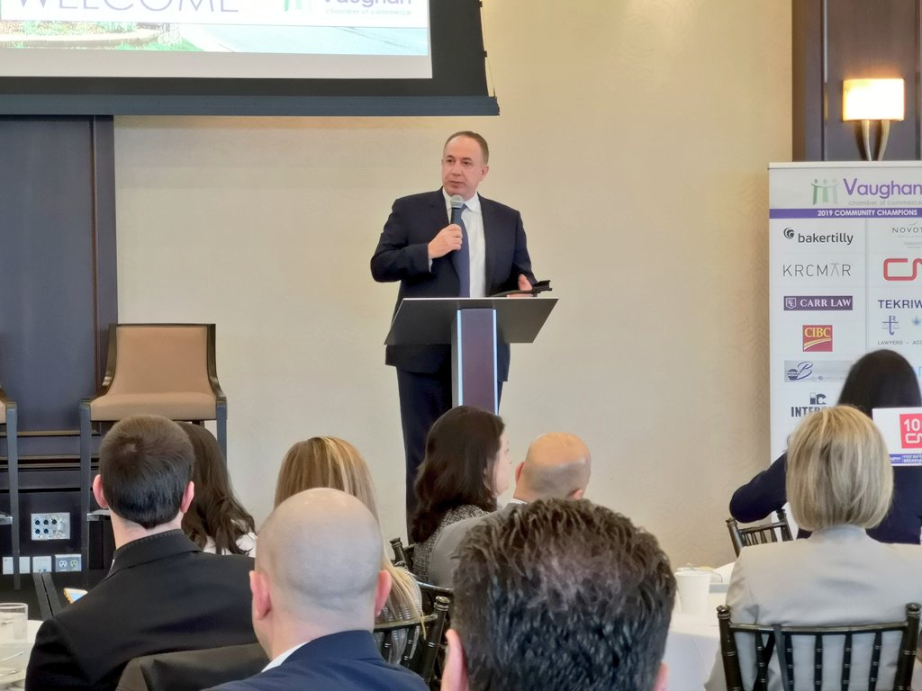 VaughanChamber's tweet photo. City of Vaughan Mayor @mbmayor brings greetings this morning and welcomes Finance Minister @VictorFedeli. #onpoli #vccpolicy https://t.co/7fw40QZ4Yi