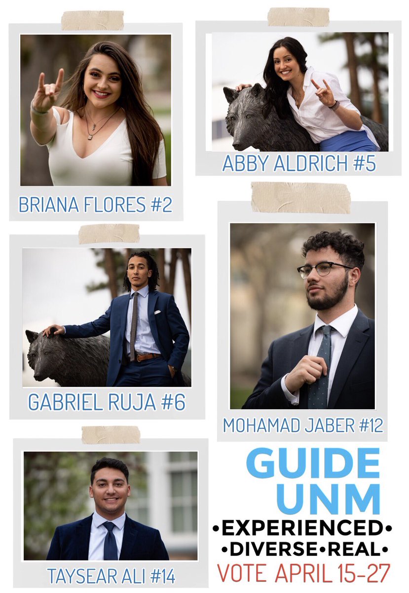 GuideUnm's tweet image. VOTING IS NOW OPEN!!!
VOTE GUIDE•UNM TODAY THROUGH WEDNESDAY!
login at my.unm.edu and vote for a group of REALISTIC, EXPERIENCED, DIVERSE individuals to promote student OUTREACH, INVOLVEMENT, and recognition of your VOICE as an ASUNM LOBO
#2 #5 #6 #12 #14